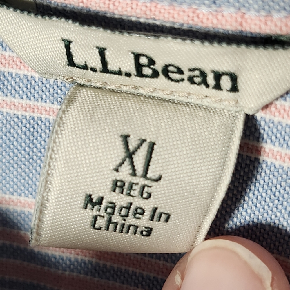 LL BEAN Blouse Top Womens XL Popover Roll Tab Long Sleeve Striped Blue - Picture 4 of 7